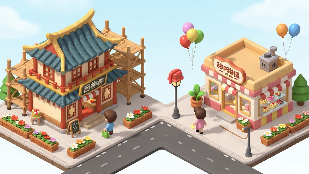 厨神小镇小镇建设模式截图,画面展示一个正在扩建中的美食小镇,左侧是已建成的中式餐馆,右侧是施工中的甜品店,道路上有顾客走动,布局采用等距视角,风格为明亮卡通渲染,细节包括施工脚手架、路边的花坛、飘动的气球,画质清晰,干净整洁,无多余元素