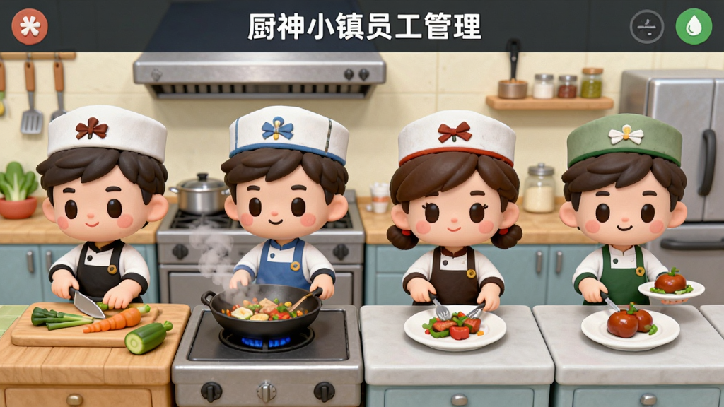 厨神小镇员工管理界面,画面中显示四名卡通员工站在厨房不同位置,分别负责切菜、炒菜、装盘、上菜,布局呈流水线排列,风格为可爱Q版角色设计,细节包括员工头上的职业帽、手中的厨具、背景的厨房设备,画质细腻,干净无多余装饰
