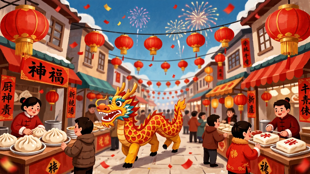 厨神小镇节日活动场景,画面呈现春节主题的美食小镇,街道上挂满红灯笼与春联,摊位售卖饺子与年糕,空中飘落红色纸屑,布局热闹拥挤,风格为喜庆国潮插画,细节包括舞龙队伍、烟花绽放、顾客穿着节日服装,画质鲜艳,干净明快,无杂乱元素