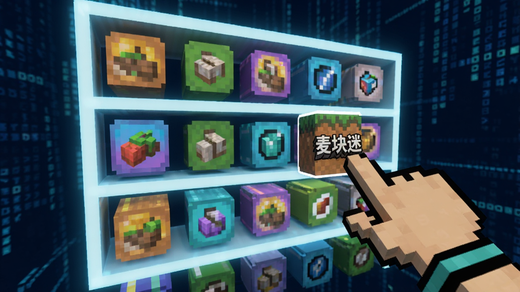 一幅生图,画面中心是一个发光的虚拟书架,书架上整齐排列着各种颜色的方块状图标,代表不同的模组。一只像素风格的手正在从书架上取下一个带有“麦块迷”logo的图标。背景是深蓝色的数据流空间,风格为科技感与像素风结合,细节丰富,画面干净,无多余元素。