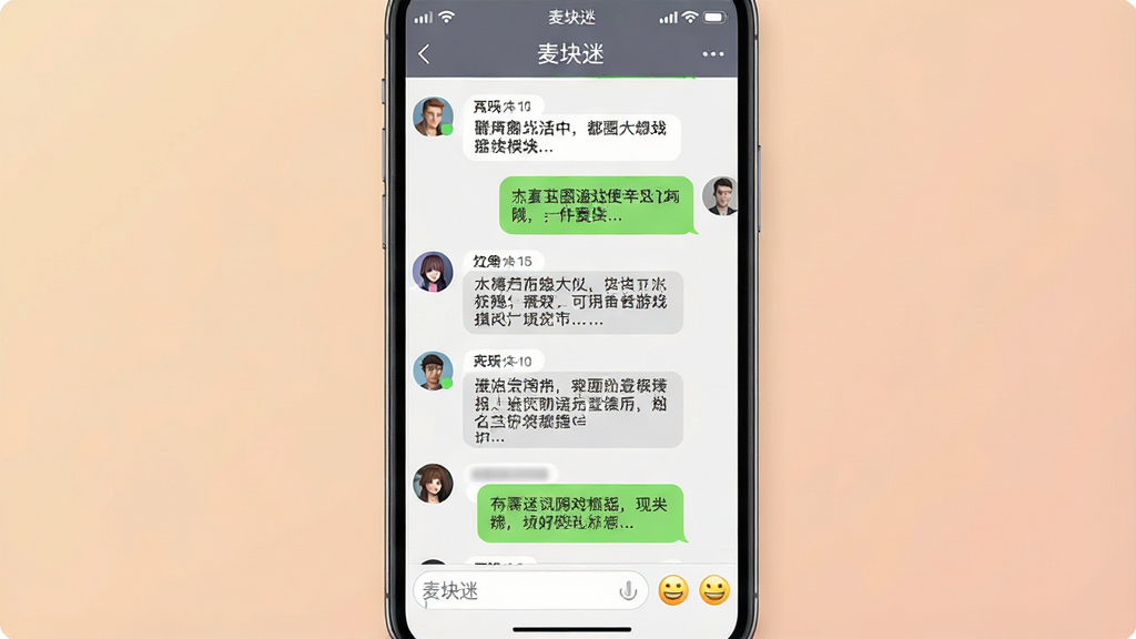 生图提示词:一张展示手机社区聊天界面的图片,屏幕上显示着多个用户头像和聊天气泡,讨论内容与游戏模组相关。界面底部有输入框和表情按钮。背景是柔和的纯色,整体风格为现代社交APP界面,细节清晰,画质干净,无多余元素,顶部状态栏显示“麦块迷”。