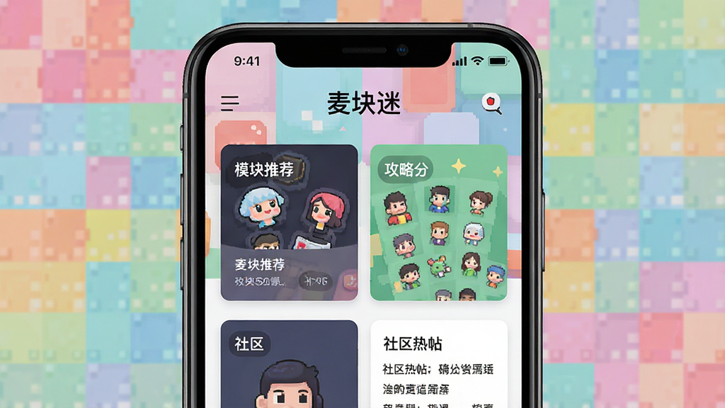 一张展示智能手机屏幕的图片,屏幕中央显示着“麦块迷”APP的首页界面,界面上有模组推荐、攻略分类、社区热帖等卡片式布局。背景是柔和的像素风格方块图案,色彩明亮活泼。整体风格为现代扁平化UI设计,细节清晰,画质干净,无多余元素。