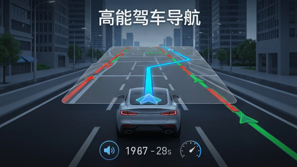 高能驾车导航软件主界面全貌展示,画面中央是一辆汽车行驶在城市道路上,前方悬浮着半透明的导航路线图,路线用亮蓝色高亮标注,周围有实时路况红绿线条,顶部显示“高能驾车导航”文字,底部有语音播报图标和速度显示,整体风格为现代科技感,细节清晰,画质干净,无多余元素