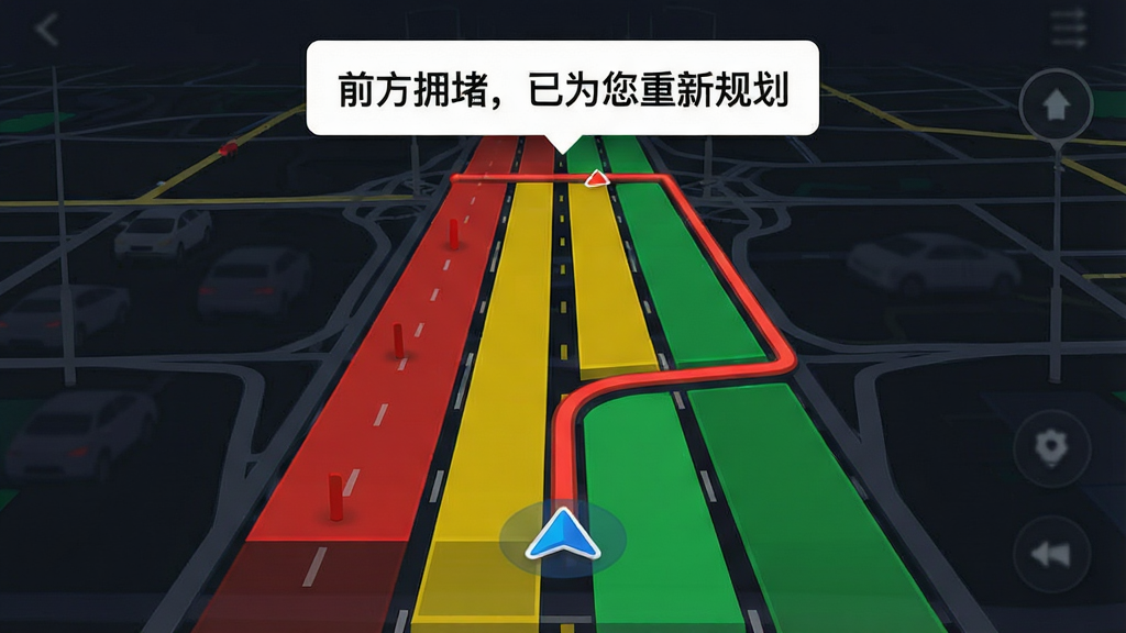 高能驾车导航实时路况界面,画面中一条城市主干道被分为红黄绿三段,红色代表拥堵,绿色代表畅通,导航路线自动绕过红色区域,屏幕上方弹出“前方拥堵,已为您重新规划”提示框,背景为深色地图风格,道路线条清晰,画质干净,无多余元素