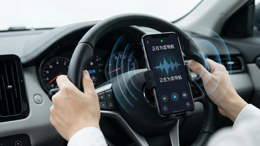 高能驾车导航语音交互界面,画面中驾驶员双手握方向盘,手机固定在支架上,屏幕显示语音波形和“正在为您导航”文字,周围有声音传播的视觉化线条,整体风格简洁现代,画质干净,无多余元素