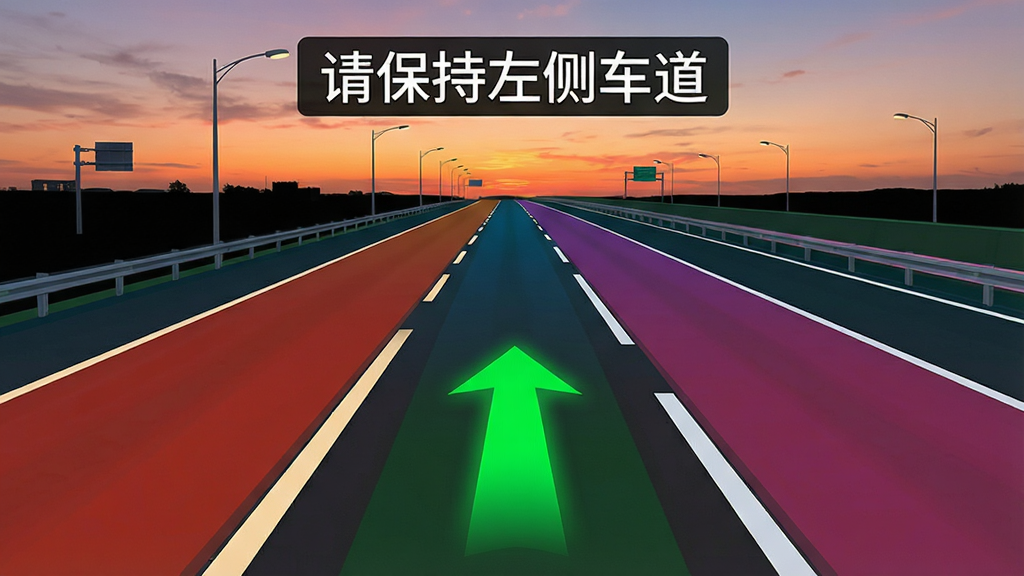 高能驾车导航车道级指引画面,画面中一条多车道高速公路,每条车道用不同颜色标注,其中一条车道用绿色高亮箭头指引,上方显示“请保持左侧车道”文字,背景为黄昏天空,道路标线清晰,画质干净,无多余元素