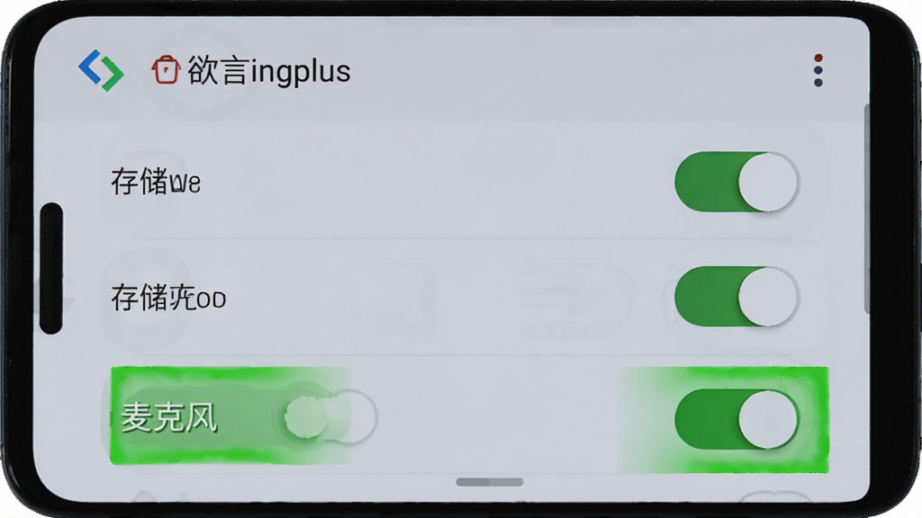 一部安卓手机屏幕显示欲言ingplus的权限管理界面,界面中有多个开关按钮,其中“存储”和“麦克风”被高亮标注为绿色,背景为淡灰色,风格简洁直观,细节清晰,画质高清,无多余文字