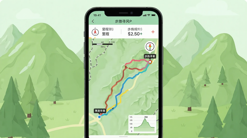 步旅寻风路线规划功能界面图,画面中心为手机屏幕显示步旅寻风APP地图页面,地图上绘制有彩色徒步轨迹线,起点与终点标注清晰,屏幕上方显示里程与爬升数据,背景为浅绿色山林地形,风格为清新扁平UI插画,细节包含比例尺、方向指北针、海拔曲线小图,画质高清,干净,无多余元素