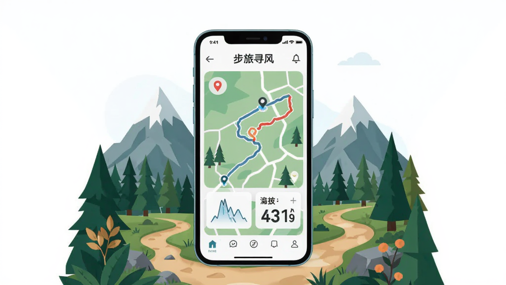 步旅寻风APP主界面展示图,主体为手机屏幕中显示步旅寻风应用界面,布局为居中放置手机,周围环绕山峦、森林、小径等户外元素,排版简洁清晰,风格为现代扁平化插画风,细节包括界面中的地图轨迹线条、定位图标、海拔数据卡片,画质高清,干净,无多余元素