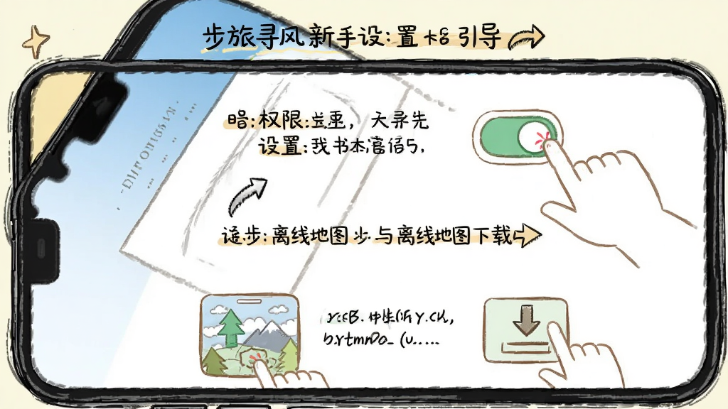 步旅寻风新手设置引导界面图,主体为手机屏幕显示权限设置与离线地图下载步骤,布局为分步图示,排版从上到下依次排列,风格为手绘教程风,细节包括手指点击图标、权限开关、下载箭头,画质高清,干净,无多余元素
