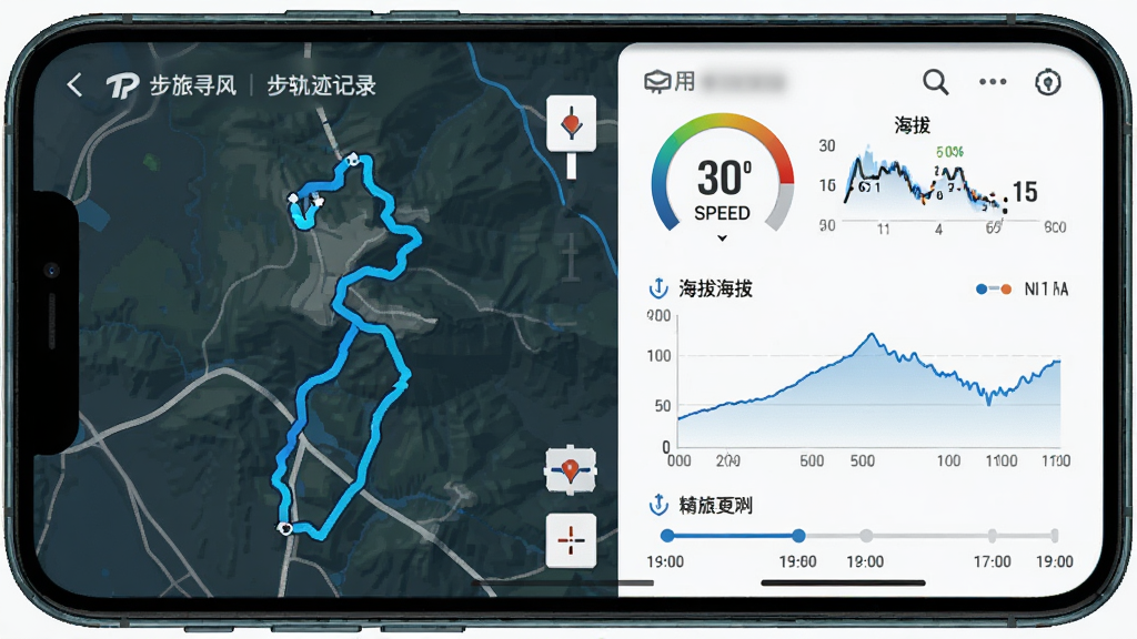 步旅寻风实时轨迹记录展示图,主体为手机界面中显示的轨迹记录页面,布局为左侧地图轨迹线、右侧数据面板,排版上下结构清晰,风格为户外运动科技风,细节包括速度表、海拔变化曲线、时间轴标记,画质高清,干净,无多余元素