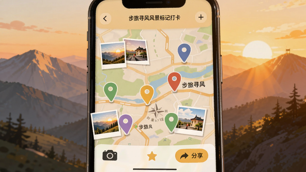 步旅寻风风景标记打卡界面图,画面为手机屏幕显示地图上分布多个彩色标记点,每个标记点旁有小图预览与文字标签,背景为山间日出场景,风格为温暖治愈系插画,细节包括相机图标、收藏星标、分享按钮,画质高清,干净,无多余元素