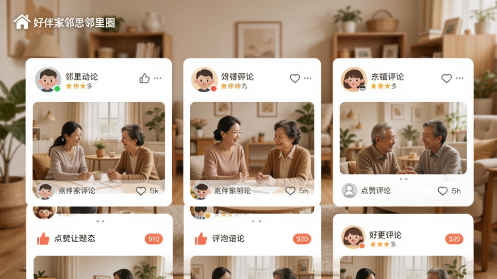 展示“好伴家邻里”邻里圈界面,用户头像与动态卡片排列整齐,有图文混排、点赞评论图标,背景是温馨的社区场景,风格亲切自然,画面干净,画质清晰