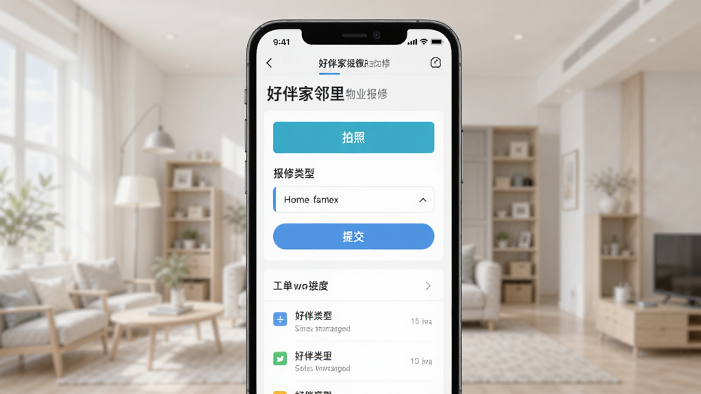 手机屏幕展示“好伴家邻里”物业报修页面,表单中有拍照上传按钮、报修类型选项和提交按钮,下方有工单进度列表,界面简洁明了,风格现代,画质清晰,干净无多余元素