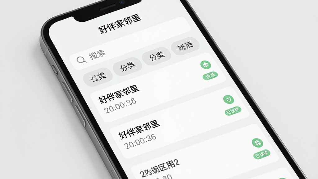 手机界面展示“好伴家邻里”的社区公告列表,顶部有搜索框和分类标签,每条公告带有时间戳和已读标记,背景为浅色简约风格,画面干净整洁,细节清晰,画质优良