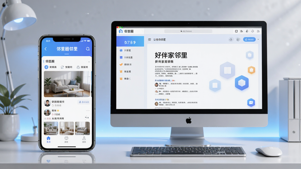 手机与电脑并排展示“好伴家邻里”应用运行界面,手机端显示邻里圈动态,电脑端通过模拟器展示公告页面,背景为简洁桌面环境,风格科技感,画面干净,画质清晰