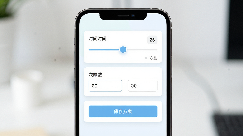 智能连点自动点击器参数设置界面展示图,主体为手机屏幕上显示参数调节滑块与数值输入框,布局为上下排列的卡片式设计,排版整齐,风格为清新简约的浅色UI风格,细节包含间隔时间滑块、次数输入框、保存方案按钮,画质高清,画面干净,无多余元素