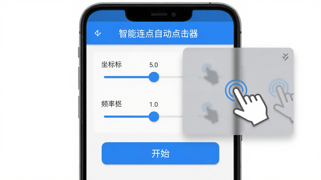 一款名为智能连点自动点击器的安卓手机应用界面展示图,主体为手机屏幕中央显示连点设置面板,布局为上方标题栏、中间坐标与频率调节区、下方开始按钮,排版简洁清晰,风格为现代科技感扁平化设计,细节包含蓝色高亮按钮、半透明悬浮窗、手指点击图标,画质高清,画面干净,无多余元素