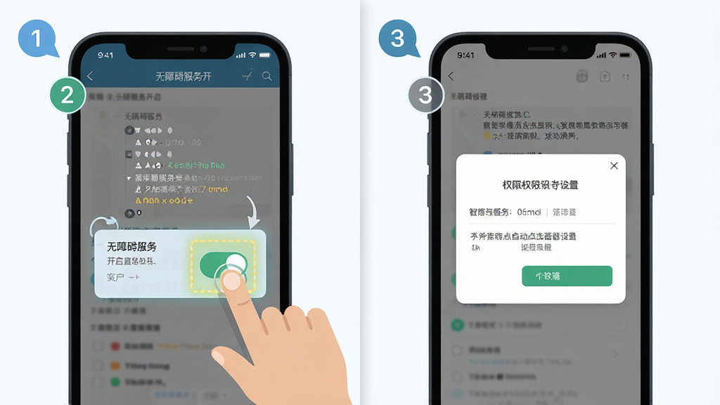 智能连点自动点击器使用教程示意图,主体为手机屏幕显示无障碍服务开启界面与悬浮窗权限设置页面,布局为左右分屏对比展示,排版清晰,风格为扁平化教程插图风,细节包含手指点击开关按钮、高亮提示框、步骤序号标注,画质高清,画面干净,无多余元素