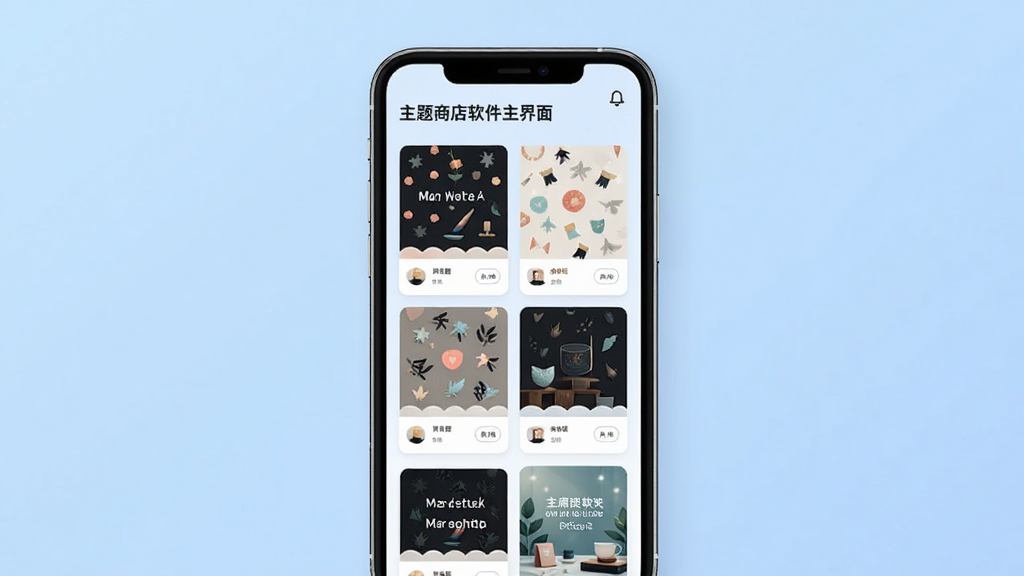 主题商店软件主界面展示,手机屏幕中央排列着各类精美主题卡片,背景为淡蓝色渐变,画面干净整洁,UI风格简约现代,高清画质,无多余元素