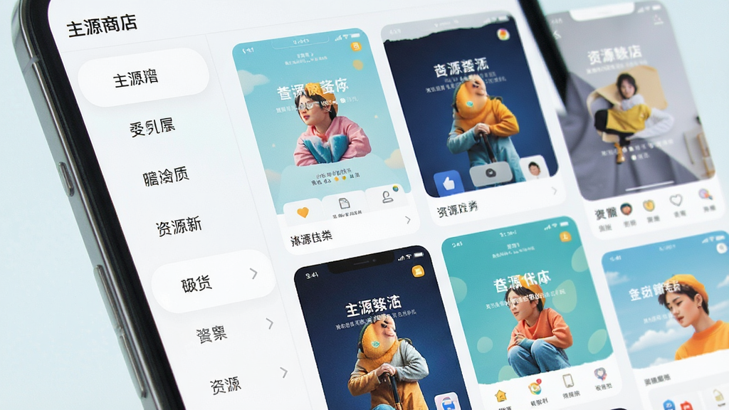 手机屏幕中展示主题商店的资源分类页面,左侧为分类标签,右侧为瀑布流主题预览图,画面明亮,色彩丰富,风格清新浅色,细节清晰,画质干净