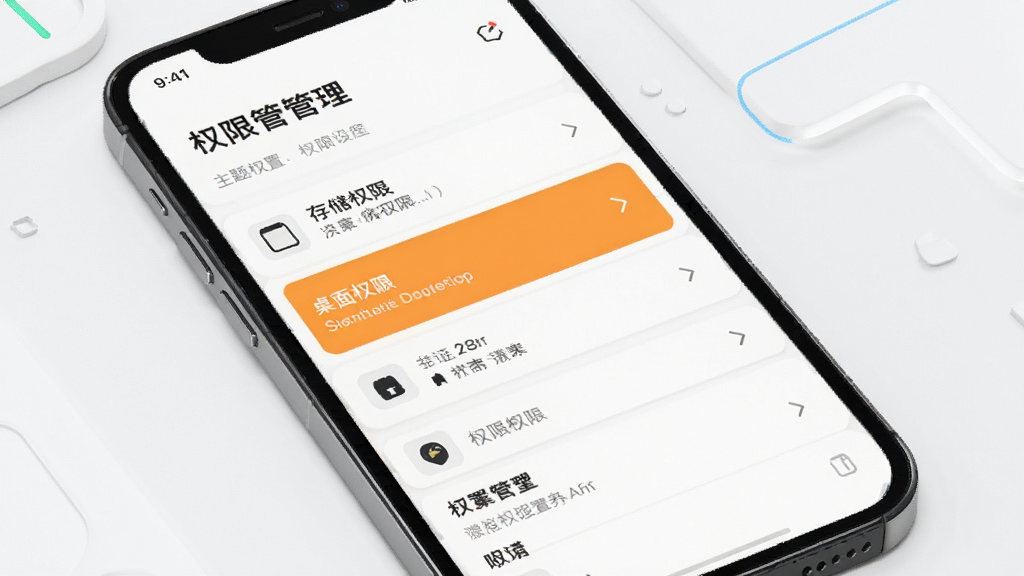 主题商店安装权限设置界面示意图,手机屏幕显示权限管理列表,存储权限和桌面权限高亮标注,背景为浅色极简风格,排版清晰,画质干净