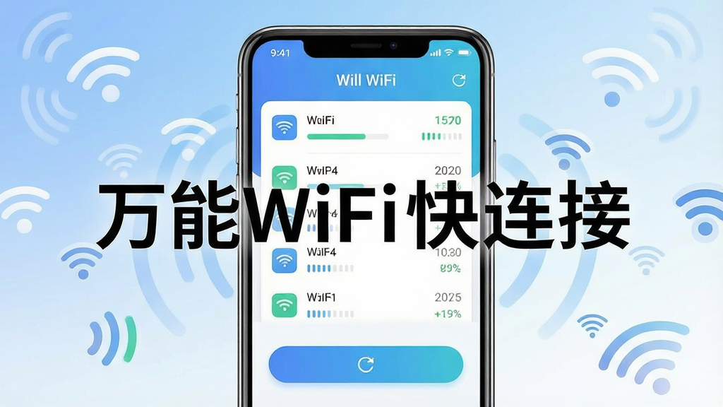 一张展示万能WiFi快连接软件主界面的手机截图风格图片,画面中央是一部现代智能手机,屏幕显示万能WiFi快连接APP的首页,界面包含WiFi信号列表和连接按钮,背景是柔和的蓝白渐变色调,周围环绕着多个WiFi信号图标和信号波纹,排版简洁明了,风格科技感十足,细节包括信号强度指示条和刷新按钮,画质高清干净,无多余元素,图片中打文字