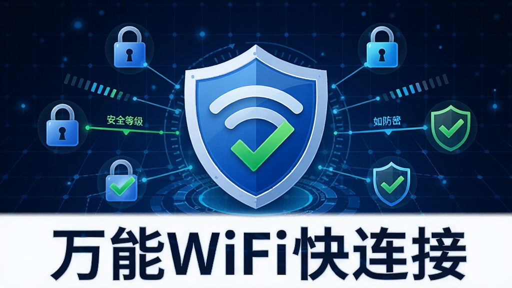 一张体现万能WiFi快连接安全防护功能的示意图,画面中央是一个盾牌图标与WiFi信号图标结合,盾牌上有一个绿色对勾,背景是深蓝色科技感网格,周围环绕着锁形图标和检查标记,布局为中心发散式,风格安全防护主题,细节包含安全等级指示和加密标识,画质清晰干净,图片中打文字