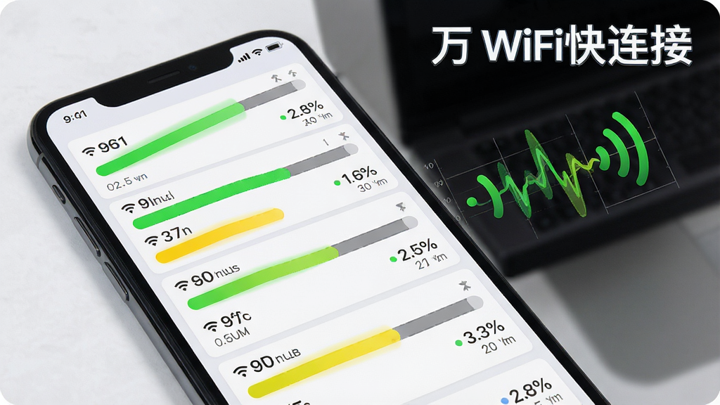 一张展示万能WiFi快连接信号强度可视化界面的图片,画面中手机屏幕显示多个WiFi热点的信号强度条,用绿色黄色灰色区分强弱,旁边配有信号波形图,布局为列表式排列,风格数据可视化风格,细节包含信号数值和频段信息,画质高清干净,图片中打文字