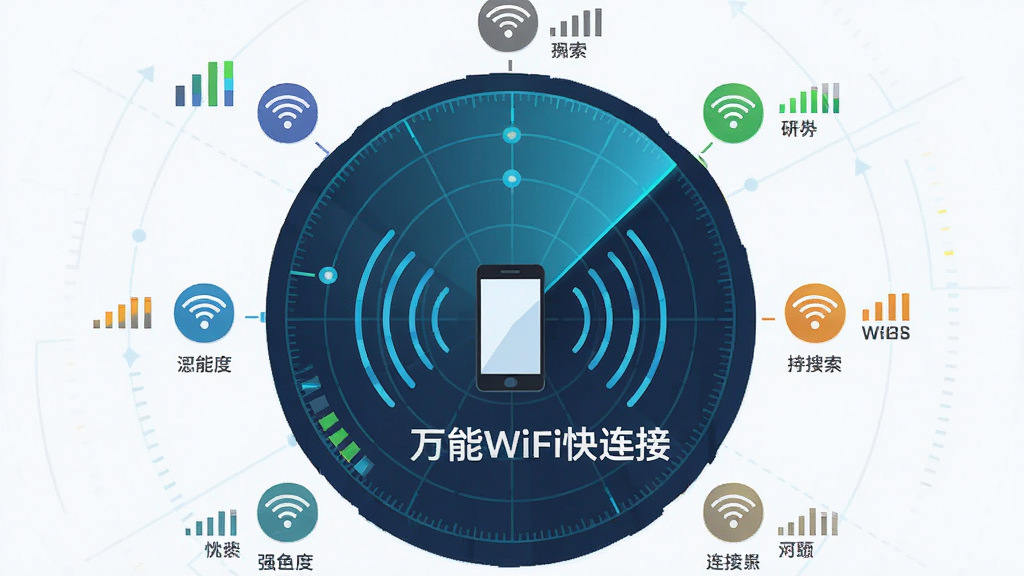 一张表现万能WiFi快连接智能搜索功能的插画,画面主体是一个雷达扫描界面,中心是手机图标向外发射信号波纹,周围分布着多个WiFi热点图标,用不同颜色标注信号强弱,布局呈圆形放射状,风格扁平化科技风,细节包含信号强度条和热点名称标签,画质清晰干净,图片中打文字