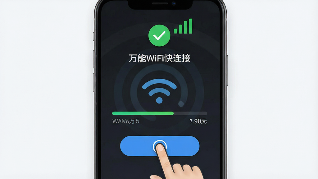 一张展示万能WiFi快连接一键连接操作的界面图,画面中央是手机屏幕显示正在连接的动画效果,一个手指图标点击连接按钮,屏幕上方显示连接成功的绿色对勾和信号满格图标,布局为居中对称式,风格现代简约,细节包含进度条和连接速度数值,画质高清干净,图片中打文字