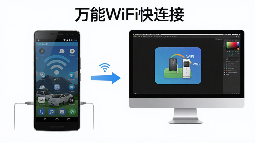 一张展示万能WiFi快连接在手机和电脑模拟器上同时运行的对比图,画面左侧是安卓手机显示APP界面,右侧是电脑屏幕显示模拟器运行同一应用,中间用箭头连接表示数据同步,布局为左右对比式,风格简洁说明图,细节包含设备图标和连接线,画质清晰干净,图片中打文字
