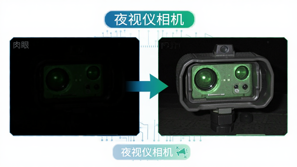 夜视仪相机暗光增强功能展示图,左侧为肉眼所见漆黑一片的场景,右侧为软件增强后的清晰画面,中间有对比箭头,画面中有