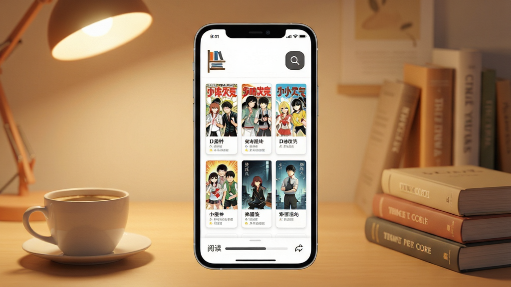 一个明亮的手机屏幕展示漫画小说阅读器应用界面,屏幕中央是整齐排列的漫画封面和小说书单,背景是温馨的书房环境,柔和暖色调灯光,桌面摆放一杯咖啡和几本实体书,整体布局简洁清晰,风格现代扁平化设计,细节包括书架图标、搜索按钮和阅读进度条,画质高清,干净无多余元素