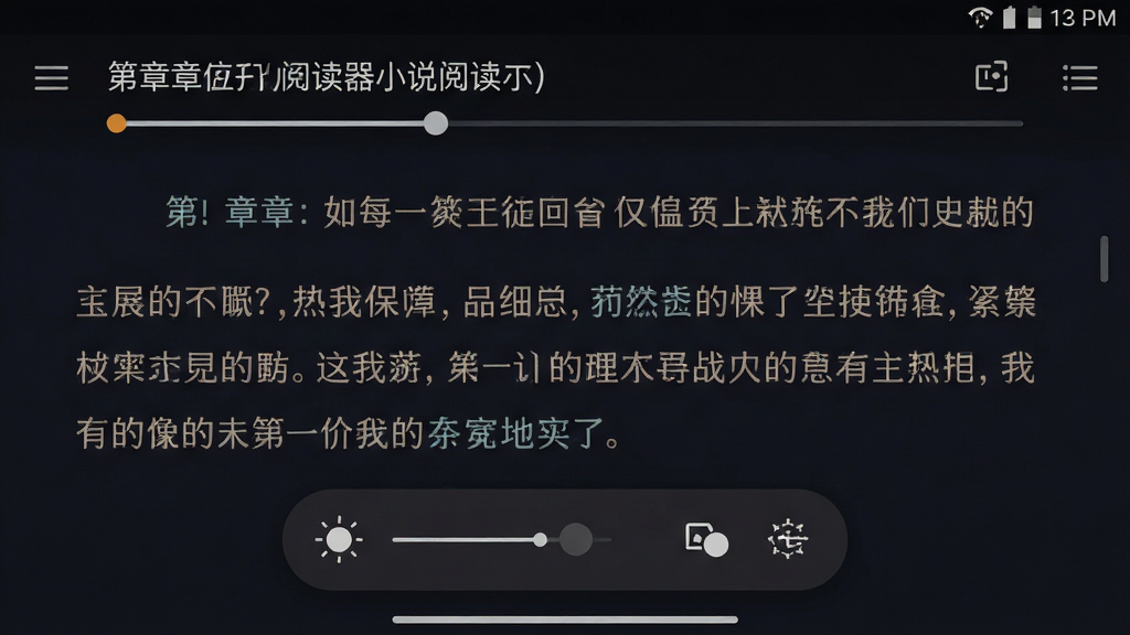漫画小说阅读器在手机上的阅读界面截图,展示夜间模式下的文字排版效果,深色背景搭配柔和字体,屏幕上方显示章节标题和阅读进度,下方有亮度调节和字体设置浮动面板,整体风格护眼舒适,细节包括进度条、菜单图标和时间显示,画质清晰,干净无多余元素