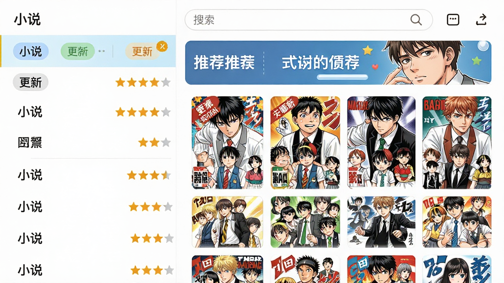 漫画小说阅读器应用界面展示海量书籍分类,左侧是小说分类列表,右侧是漫画封面墙,屏幕上方显示搜索栏和推荐横幅,整体布局采用网格与列表混合排版,风格清新明亮,细节包括分类标签、更新角标和评分星级,画质清晰,干净整洁