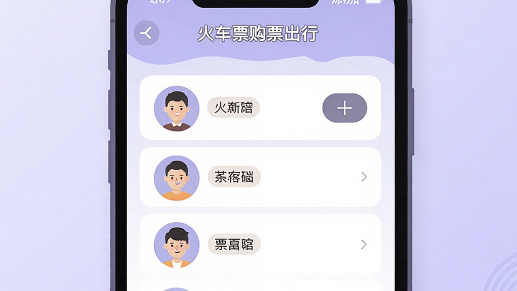 一幅扁平化风格的手机应用界面插图,屏幕显示“火车票购票出行”常用乘客管理页面,页面中列出多位乘客的头像和姓名标签,带有添加按钮,背景为淡紫色渐变,风格温馨简洁,细节清晰,画质干净,无多余元素