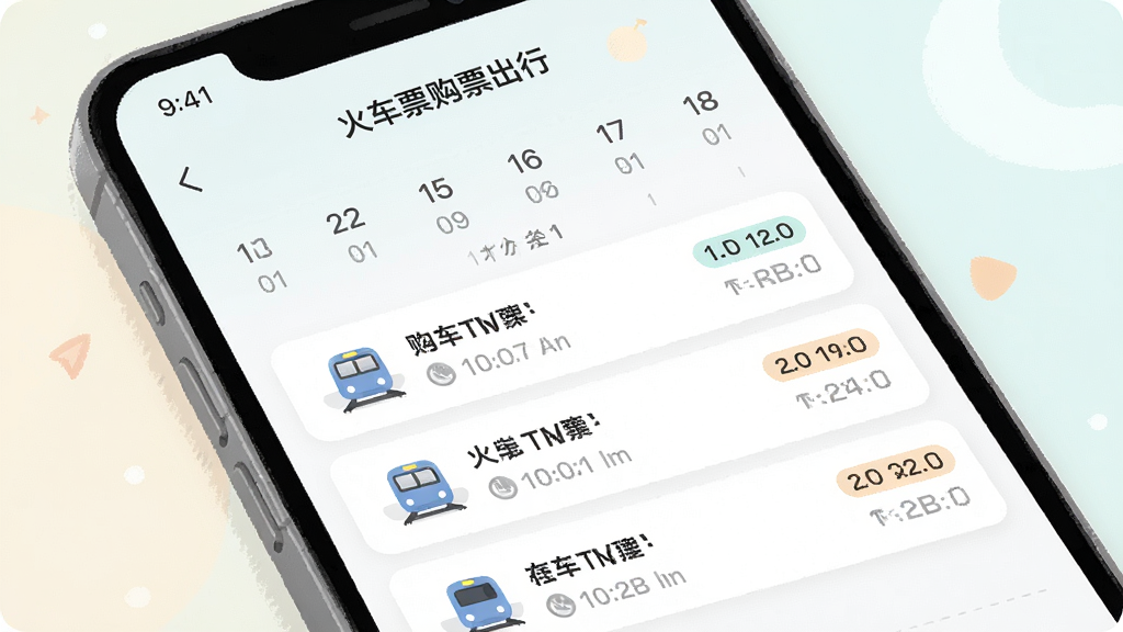 一幅手机应用界面截图风格插图,屏幕显示“火车票购票出行”行程管理页面,页面以日历形式展示多条行程记录,每条记录带有列车图标和时间标签,背景为柔和浅色,风格清新简约,细节丰富,画质高清,无多余装饰