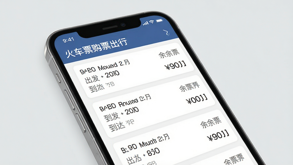 一张展示手机应用界面的图片,画面中手机屏幕显示“火车票购票出行”车票查询结果列表,列表中包含多个车次卡片,每张卡片标注出发时间、到达时间、余票数量和票价,背景为浅灰色,风格简洁商务,细节清晰,画质干净,无杂乱元素