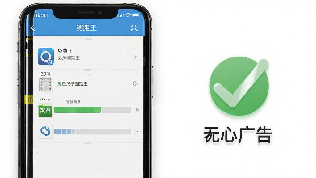 一张展示免费尺子测距王应用体积小、无广告特点的图片,画面中手机屏幕显示应用管理界面,免费尺子测距王占用空间极小,旁边有绿色对勾图标表示无广告,布局采用手机截图风格,细节上界面干净,有存储空间对比条,画质高清,画面干净,无多余元素