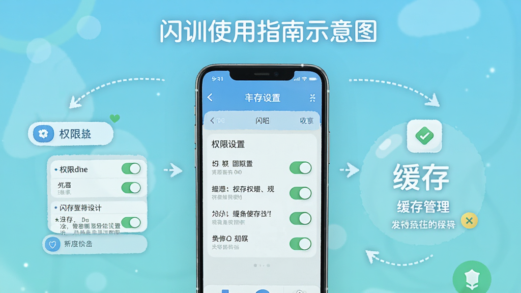 闪训使用指南示意图,画面为手机屏幕显示权限设置与缓存管理界面,布局为分步引导式,风格友好清新,细节包括开关按钮与说明文字,画质清晰干净,无多余元素