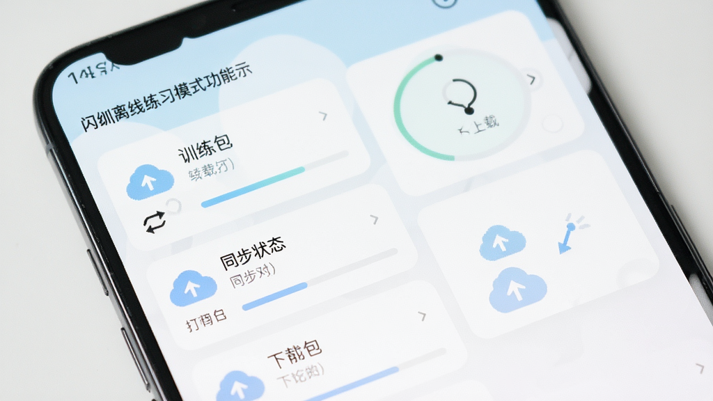 闪训离线练习模式功能展示,画面为手机屏幕显示已下载的训练包列表与同步状态,布局为卡片式排列,风格清新浅色,细节包括云同步图标与进度条,画质清晰干净,无多余元素