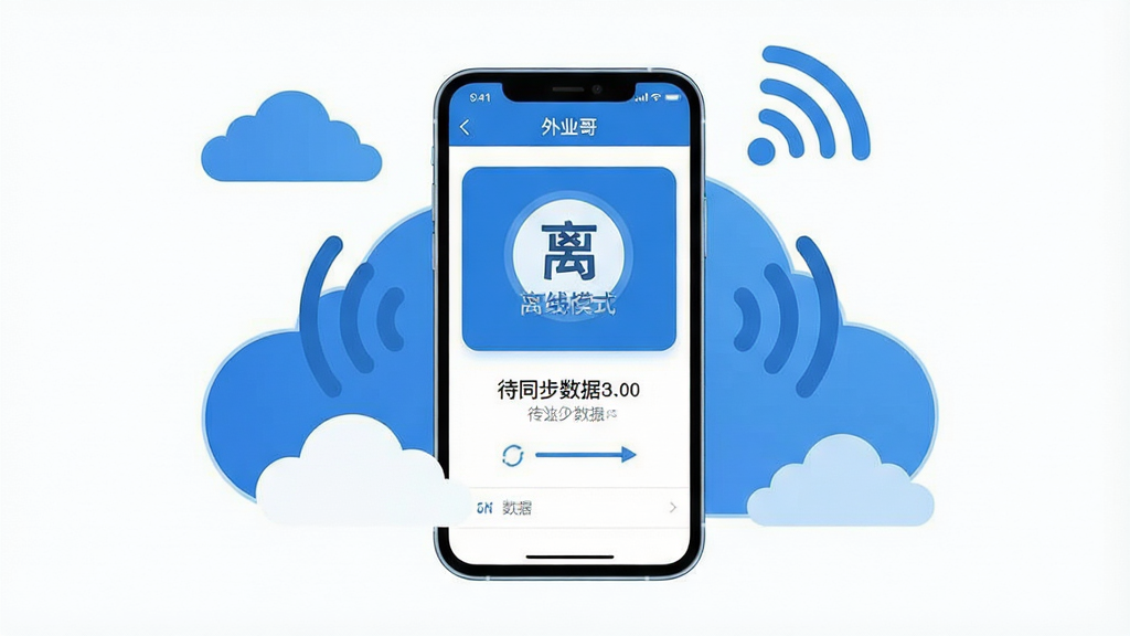 一张展示手机离线数据采集功能的AI生成图片,画面主体是一部智能手机,手机屏幕上显示“外业哥”软件的离线采集界面,界面中有醒目的离线模式图标和待同步数据数量提示。手机周围环绕着云朵和信号波纹的抽象图形,表示数据在离线与云端之间的同步过程。布局为手机居中,云朵和波纹环绕四周,风格为扁平化科技插画风,色彩以蓝色和白色为主,细节简洁,画质清晰干净,无多余元素。