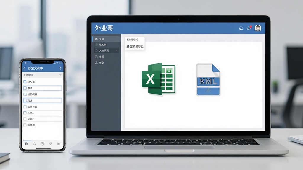一张展示自定义表单与数据导出功能的AI生成图片,画面主体是一台笔记本电脑,屏幕上显示“外业哥”软件的数据导出界面,界面中有Excel表格图标和KML文件图标。笔记本电脑旁边放着一部手机,手机屏幕上显示着自定义表单的编辑界面,可以看到多种字段类型的选项。布局为电脑居中、手机位于左侧,风格为商务办公风,色彩以蓝灰为主,细节清晰,画质干净,无多余元素。