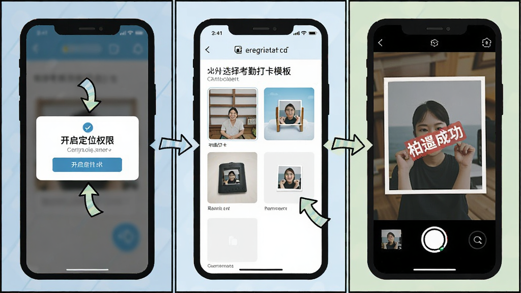 主体为水印相机打卡定位软件的操作步骤示意图,画面分三格展示:第一格开启定位权限弹窗、第二格选择考勤打卡模板、第三格拍摄成功显示水印照片;布局为横向三格漫画式排版;排版简洁明了;风格为扁平化教程风;细节包括箭头指示、手机界面图标、文字标注;画质高清,干净,无多余元素。