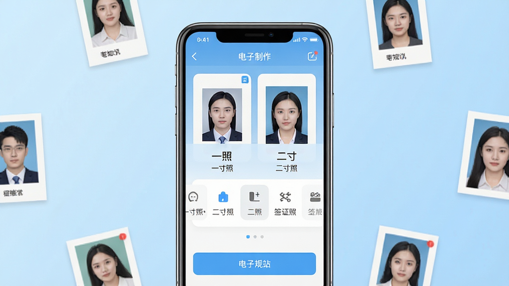 一张展示手机屏幕中电子照应用界面的图片,画面中央是一部智能手机,屏幕上显示着电子照的证件照制作页面,包含一寸照、二寸照、签证照等规格选项,背景为简洁的浅蓝色渐变,周围环绕着几张小尺寸的证件照成品图,风格为清新写实的UI展示风格,细节上突出应用图标和功能按钮,画质清晰干净,无多余元素,整体布局居中对称,适合软件下载站配图使用