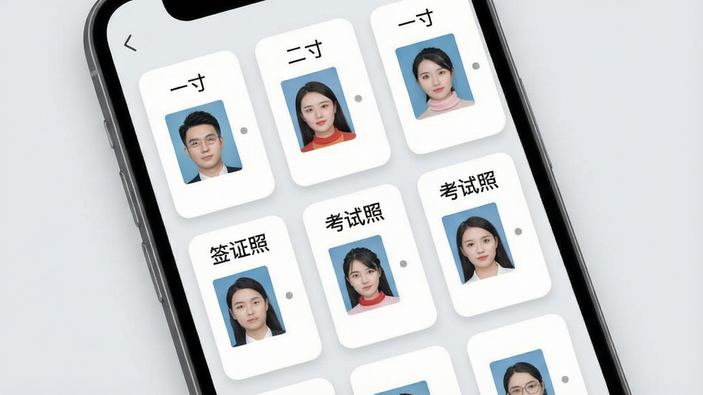 一张展示电子照尺寸模板选择界面的图片,画面中是一部手机屏幕,屏幕上排列着多个证件照规格卡片,卡片上标注着一寸、二寸、签证照、考试照等字样,每个卡片配有对应的证件照缩略图,背景为柔和的浅灰色,风格为现代简约的移动端UI风格,细节上突出卡片的圆角和阴影效果,画质清晰干净,无多余元素,排版为网格状排列,适合功能说明配图