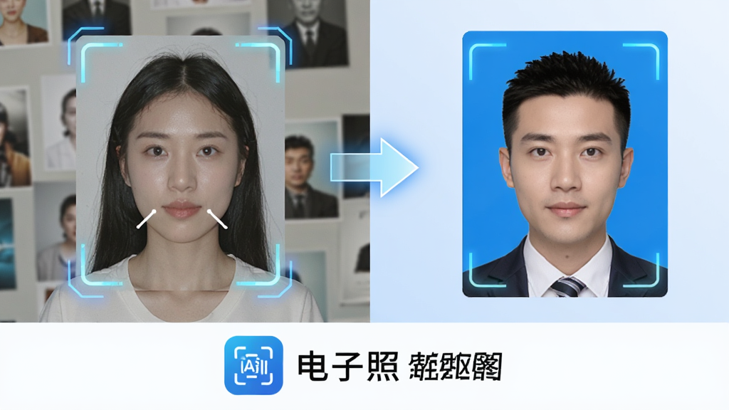 一张展示电子照智能抠图功能的示意图,画面中有一张人物照片,左侧为原始杂乱背景,右侧为经过电子照处理后的纯蓝色背景证件照,中间用箭头连接表示处理过程,画面下方有电子照的应用图标和文字标识,风格为简洁科技感,细节上突出AI自动识别的光效元素,画质清晰干净,无多余元素,排版左右对比,适合功能展示配图