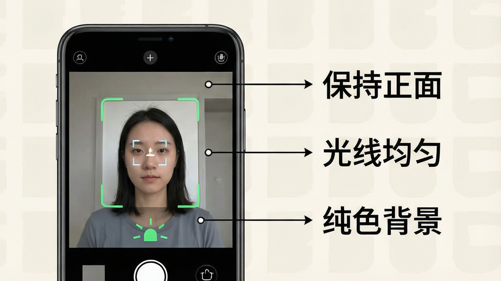 一张展示电子照新手操作步骤的示意图,画面中是一部手机,屏幕上显示电子照的拍摄界面,有对准框和光线提示,旁边有文字标注“保持正面”“光线均匀”“纯色背景”等要点,背景为简洁的浅色,风格为教程类信息图风格,细节上突出操作要点和界面元素,画质清晰干净,无多余元素,排版为手机界面加文字说明,适合新手教程配图