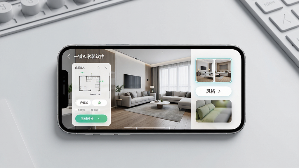 一张展示一键AI家装软件界面的手机效果图,画面中央是一部竖屏智能手机,屏幕内显示现代简约客厅的AI生成效果图,左侧是户型输入面板,右侧是风格选择按钮,背景为干净的浅灰色工作台,整体风格科技简洁,细节清晰,画质高清,干净无多余元素